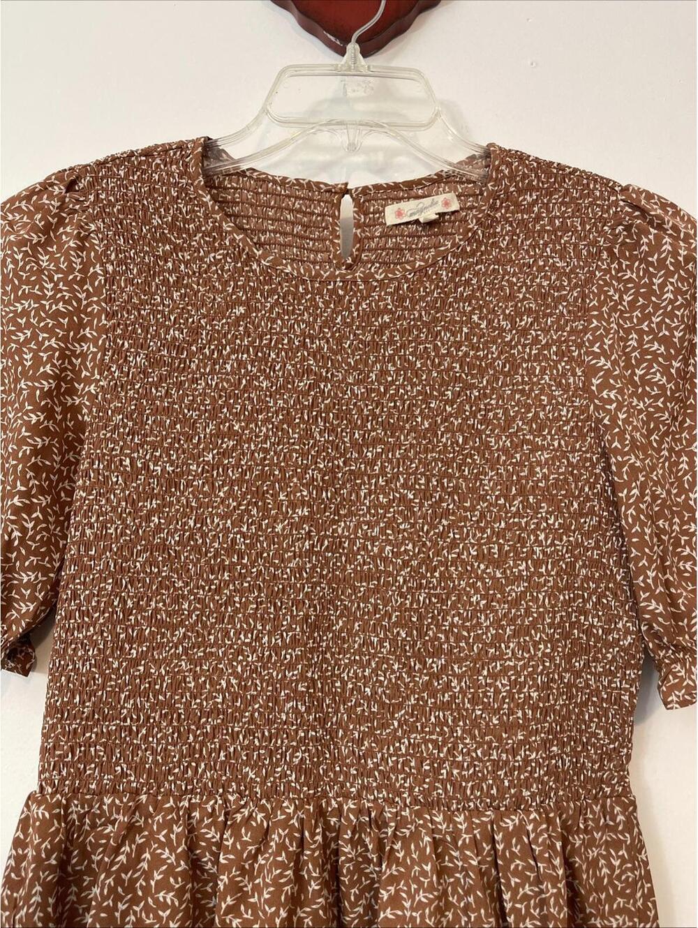 Magnolia Womens Medium Brown Floral Pleated Elastic-Waist Ruffled Blouse! A6846 - Picture 2 of 9